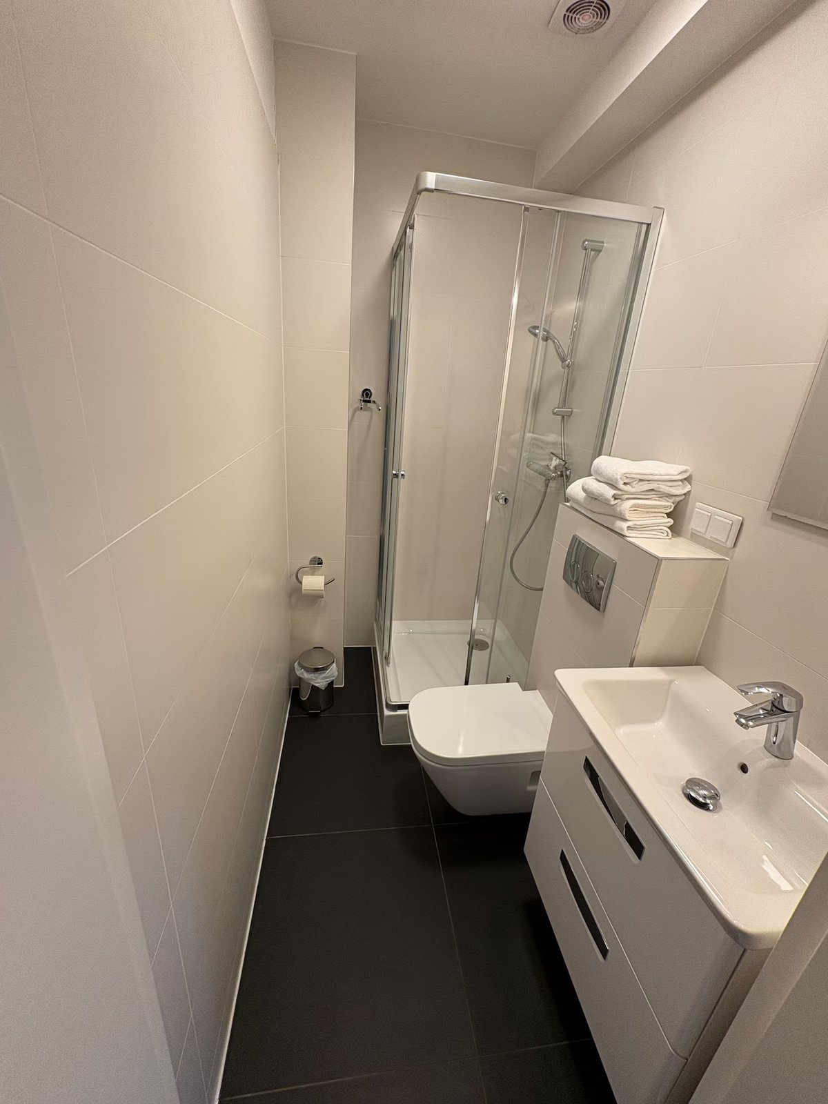 Modernes Duschbad mit Glasdusche, WC und Waschtisch – Ferienhaus an der Therme Obernsees